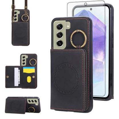 Compatible with Samsung Galaxy S21 FE 5G Wallet Case Screen Protector Crossbody Shoulder Strap Ring Buckle Stand Card Holder Phone Cover for S 21 EF S21FE5G UW S21FE 21S G5 6.4 inch Women Men Black (Black / for S21 FE)