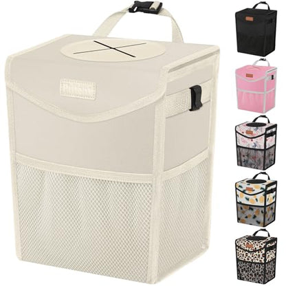 Car Trash Can with Lid Leakproof Car Garbage Bag Vehicle Trash Bin (2.8 Gallons / Beige)