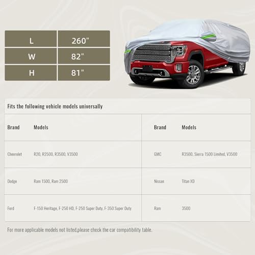6 Layers Heavy Outdoor Pickup Full Car Cover Hard Shell Zipper Design Waterproof All Weather Weatherproof UV Sun Protection Snow Dust Storm Resistant with Straps (Green reflective strip / Pickup-XL( Fit for Pickup 230"- 260" ))