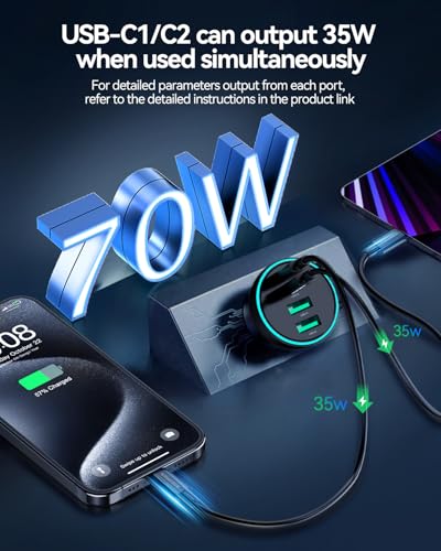 70W 4‑Port PD USB C Fast Car Charger Cigarette Lighter Adapter (Black)