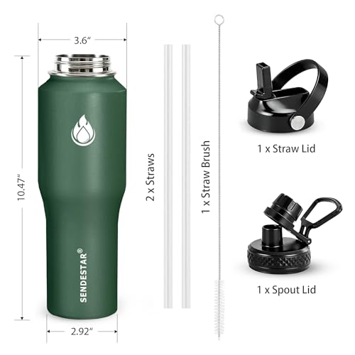 Water Bottle Wide Mouth Stainless Steel Vacuum Insulated Double Wall Keep Liquids Cold or Hot All Day (Dark Green / 32 Ounces)