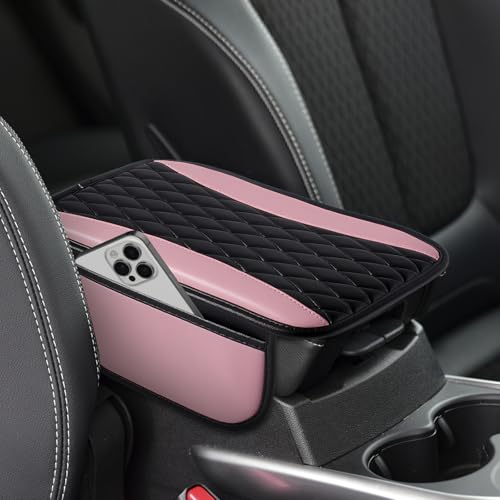 Leather Car Center Console Cover with Side Storage Pockets (BlackPink)