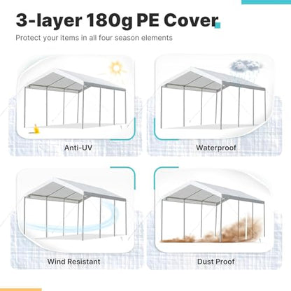 Carport Replacement Canopy Cover for Car Tent Top Garage Shelter Cover Tarp with Ball Bungees (White / 10' x 20')