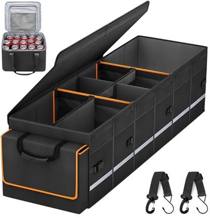 Car Trunk Organizer and Storage with Lid & Removable Leakproof Cooler Bag (Black / Large)