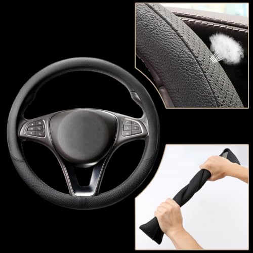 Breathable Car Steering Wheel Cover 15 inch Auto Universal Leather Wrap Non (A-Black / M (14.5"-15"))