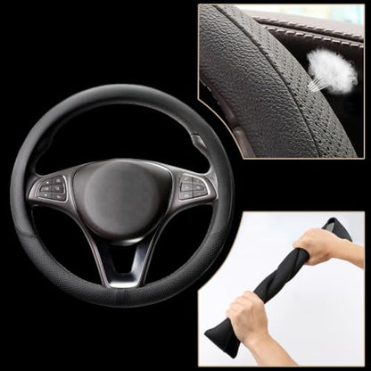 Breathable Car Steering Wheel Cover 15 inch Auto Universal Leather Wrap Non (A-Black / M (14.5"-15"))