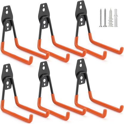 6 Pack Garage Hooks Heavy Duty Storage Organizer Wall Mount Power and Garden Tool Hangers (Medium U Hook / Orange 6 pack)
