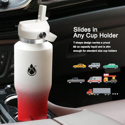 40oz Stainless Steel Water Bottle (White&Rose Red-A / 40 Ounces)