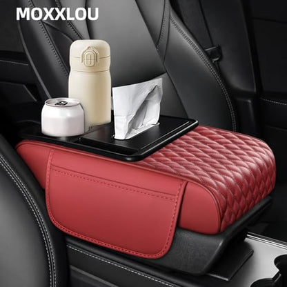 5-in-1 Car Center Console Armrest Cover Pad, Multifunctional Car Arm Rest Organizer with Cup Holder, Tissue Slot & Side Storage Pockets, Soft Leather Auto Armrest Cushion, Black, Claret (Claret)