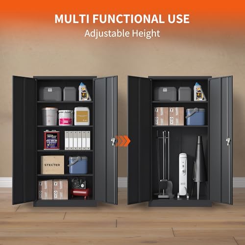 Metal Storage Cabinet for Garage (Black / L - 2 Doors & 5 Shelves (Wheelless))