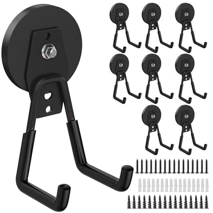8 Pack Heavy Duty Storage Magnetic Utility Hooks Large Garage Strong Extra Magnet Hooks Hanger with Anti (2.6in Magnet-8 Pack-Black)