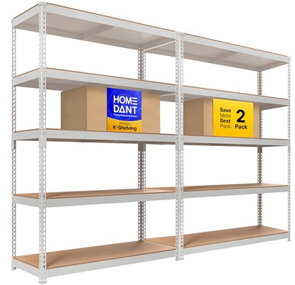 47.7" W 5 Tier Heavy Duty Garage Shelving Adjustable Metal Rack Storage Shelves Standing Shelf Unit Organizers Industrial Warehouse Basement White 2Pack (White / 47.7"W x 18.2"D)