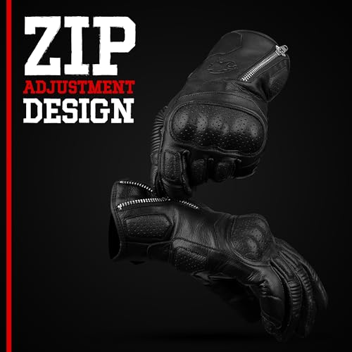 Leather Motorcycle Motorbike Knuckle Protection Powersports Gloves (Black/Zip / X-Large)