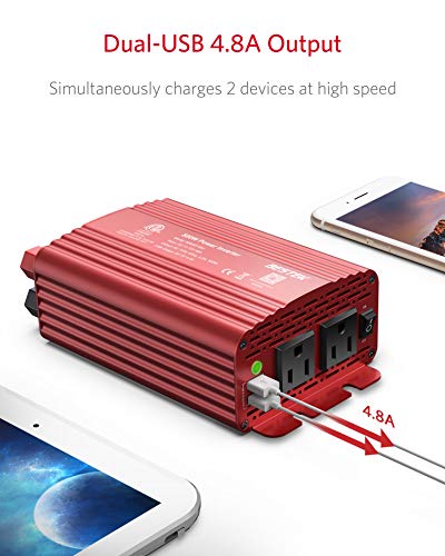 500W Power Inverter DC 12V to 110V AC Converter with Alligator Battery Clamp 4.8A Dual USB Car Charger ETL Listed (Red)