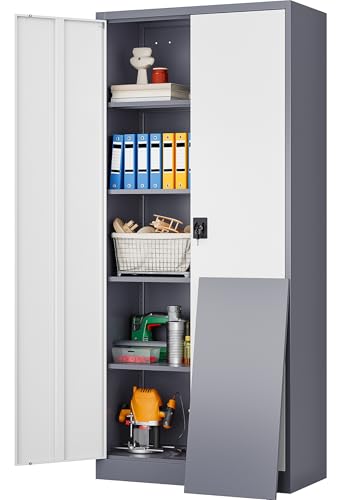 Wide & Deep Metal Storage Cabinet with Shelves (72"H x 36"W x 18"D / Gray White)