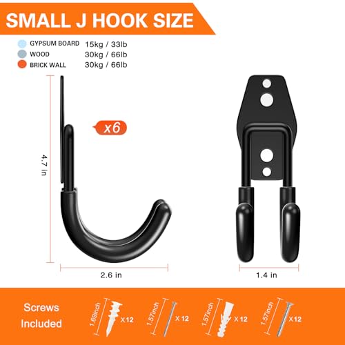 Heavy Duty Garage Hooks 6 Pack (2.6inch J Hook / Black Small J Hook)