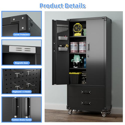 Rolling Storage Cabinet with 2 Doors and 2 Drawers (Black / 15.2"D x 30"W x 71.2"H)