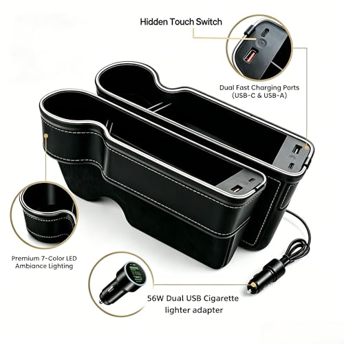 7 Colors LED Car Seat Gap Organizer with 56W Fast Charger 2 Pieces