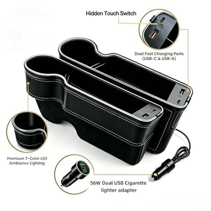 7 Colors LED Car Seat Gap Organizer with 56W Fast Charger 2 Pieces