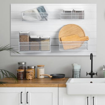 4 Pcs Slatwall Basket Set Ventilated Metal Slatwall Basket Hanging Wire Bins Wall Mounted Accessories for Panel Garage Storage Display Organizing (Assorted Sizes / White)