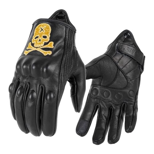 Goatskin Leather Motorcycle Motorbike Powersports Racing Gloves Reflective Skull Touchscreen for Men and Women Model (White / Large)