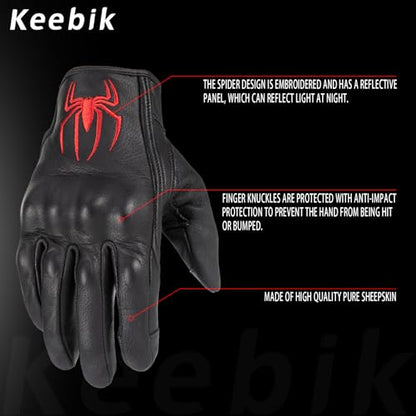 Goatskin Leather Motorcycle Motorbike Powersports Racing Gloves Reflective Skull Touchscreen for Men and Women Model (Red / Medium)