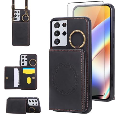 Compatible with Samsung Galaxy S21 Ultra 5G Wallet Case and Screen Protector Crossbody Shoulder Strap Ring Buckle Stand Card Holder Phone Cover for S21ultra 21S S 21 21ultra G5 Women Men Black (Black / for S21 Ultra)