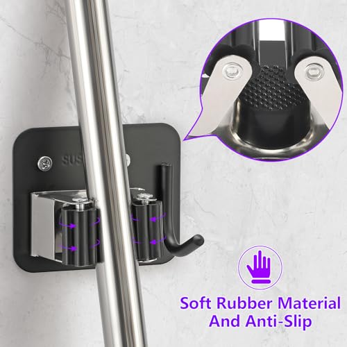 Broom Holder Wall Mount Rack (Black-Silver)