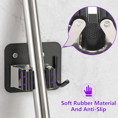 Broom Holder Wall Mount Rack (Black-Silver)
