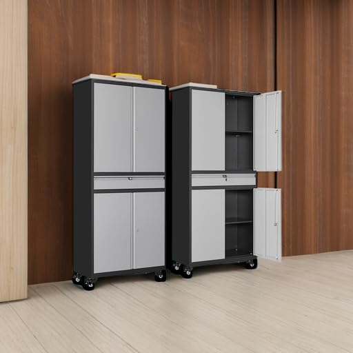 Metal Garage Storage Cabinet with Wheels and Drawer (73"H x 31.5"W x 16"D / Black Gray)
