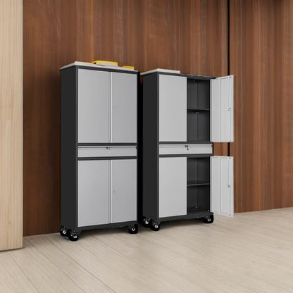 Metal Garage Storage Cabinet with Wheels and Drawer (73"H x 31.5"W x 16"D / Black Gray)