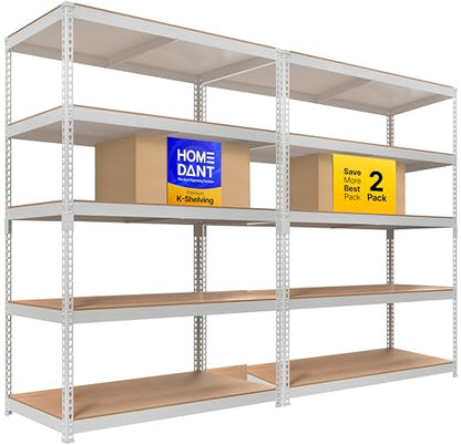 47.7" W Deep 5 Tier Heavy Duty Garage Shelving Adjustable Metal Rack Storage Shelves Standing Shelf Unit Organizers Industrial Warehouse Basement White 2Pack (White / 47.7"W x 24.1"D)