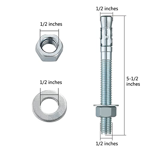 1/2x5-1/2 30Pcs Inch Standard Fasteners for Heavy-Duty Zinc Wedge Anchors for Cement and Concrete (1/2x5-1/2")