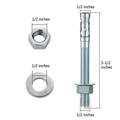 1/2x5-1/2" 10Pcs Inch Standard Fasteners for Heavy-Duty Zinc Wedge Anchors for Cement and Concrete (1/2x5-1/2")