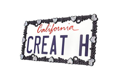 3D Shining Daisy Heart License Plate Frame from Pure Zinc Alloy Metal Perfect Plate Holder (Matt Black with Silver Glitter, Luminously Heart)