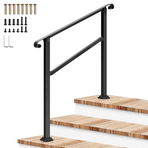 3 Step Stair Handrail 40"x36" Wrought Iron with Curved Ends Black (Black / 3 Steps)
