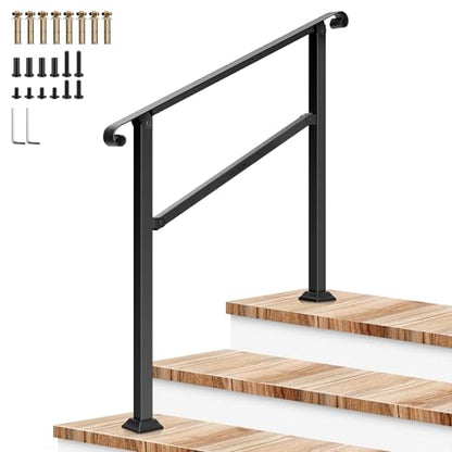 3 Step Stair Handrail 40"x36" Wrought Iron with Curved Ends Black (Black / 3 Steps)
