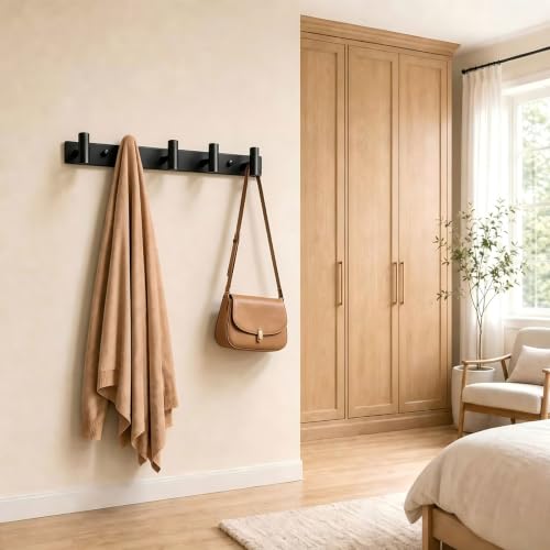Coat Rack Wall Mounted with 5 Hooks ("T" Shape 5 Hooks - 2 Pack / Black)