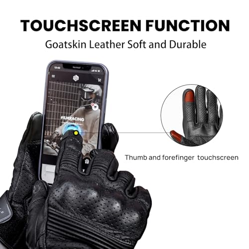 Goatskin Leather Motorcycle Motorbike Powersports Racing Gloves Touchscreen for Men and Women Model DN01 (Black Unperforated / X-Large)