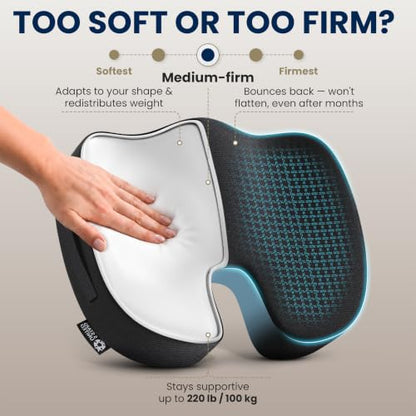 Seat Cushion Memory Foam Chair Cushion for Tailbone Pain Relief (Black / Large)
