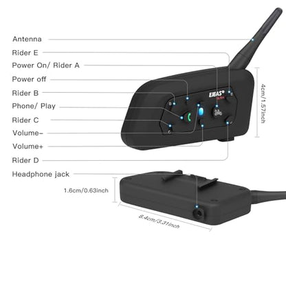 V6 Pro Motorcycle Helmet Bluetooth Intercom Headset 1200M 2 People Full Duplex Wireless Motorbike Interphone Connect Up to 6 Riders for Motorcycling Skiing and Climbing (V6 Pro 2Pack)