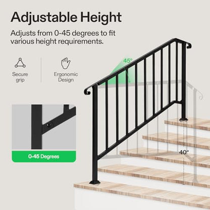 5 Step Railing 69"x36" Wrought Iron with Curved & Balusters Black (Black / 5 Steps)