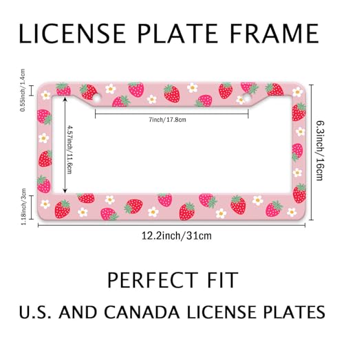 Strawberry License Plate Frame Flower Fruit Cute License Plate Frame Holder Covers with Screw Caps Kawaii Girly Metal Aluminum Rustproof Car Accessories for Women 12x6 Inch (Strawberry)