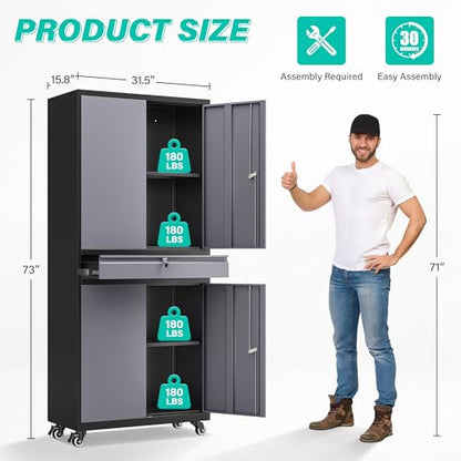 Metal Garage Storage Cabinet with Wheels and Drawer (73"H x 31.5"W x 16"D / Black Gray)