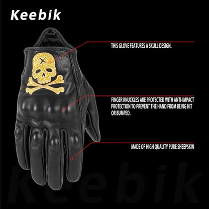 Goatskin Leather Motorcycle Motorbike Powersports Racing Gloves Reflective Skull Touchscreen for Men and Women Model (White / Small)