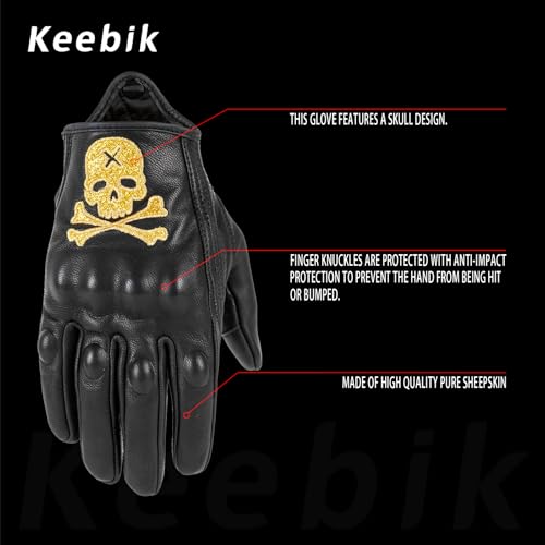 Goatskin Leather Motorcycle Motorbike Powersports Racing Gloves Reflective Skull Touchscreen for Men and Women Model (White / Small)