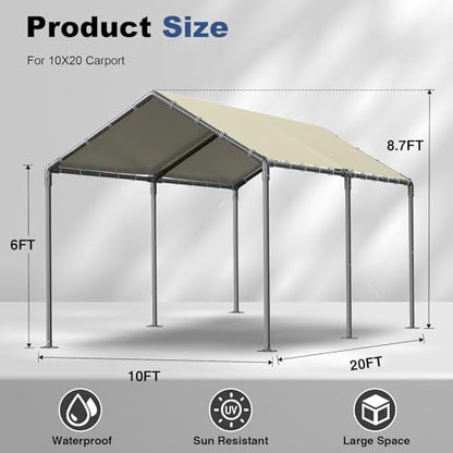 10'x20' Outdoor Heavy Duty Carport Storage Shed Portable Garage Boat Shelter Party Tent Waterproof & UV Galvanized Protected Tarp Beige (Beige / 10x20 FT（No Side）)