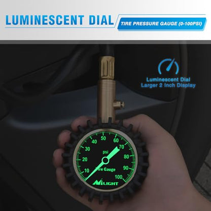 100PSI Tire Pressure Gauge Glow Dial 14" Extended Hose (Night Glow Tire Gauge)