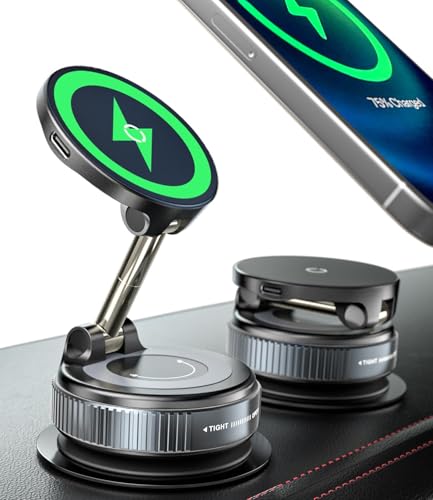 15W Wireless Charger Magnetic Car Phone Holder [Vacuum Suction Cup] 360° Adjustable & Foldable Car Mount for Dashboard (Car Charger Mount)