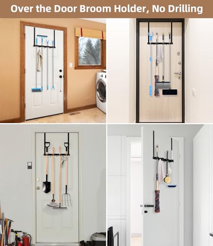 Broom Holder Over The Door with Hooks (Black)